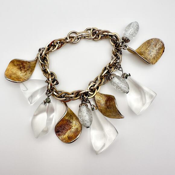 Coro 1960s Charm Bracelet Lucite Moon Rock Textured Gold Plate Double Link - Picture 8 of 12